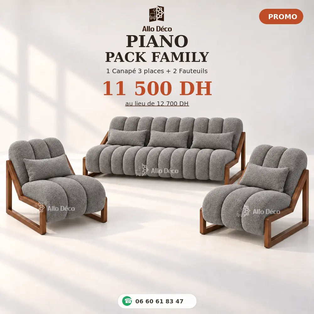 Pack PIANO Family Allodeco – Canapé 3 Places + 2 Fauteuils 1 Place