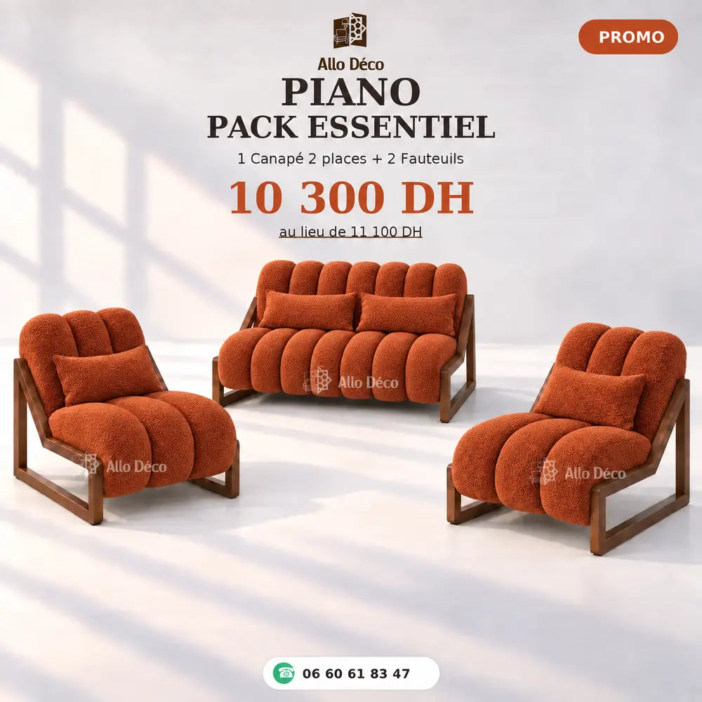 Pack PIANO Essentiel Allodeco – Canapé 2 Places + 2 Fauteuils