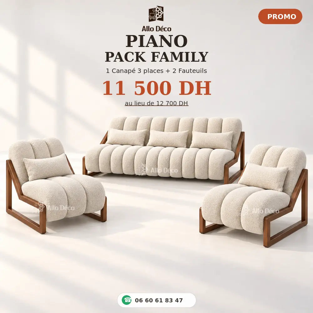 Pack PIANO Family Allodeco – Canapé 3 Places + 2 Fauteuils 1 Place