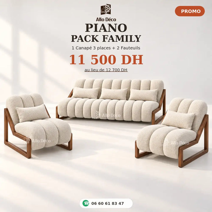 Pack PIANO Family Allodeco – Canapé 3 Places + 2 Fauteuils 1 Place