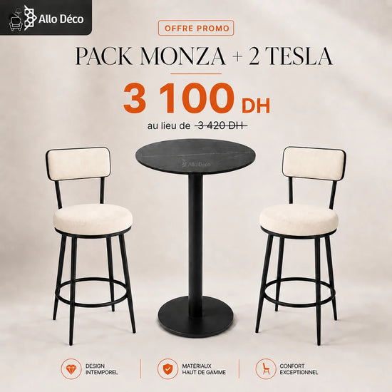 Pack MONZA + 2 Tabourets TESLA Allodeco – Table Haute Design