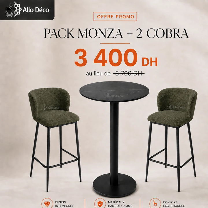 Pack Table Haute MONZA + 2 Tabourets COBRA Allodeco