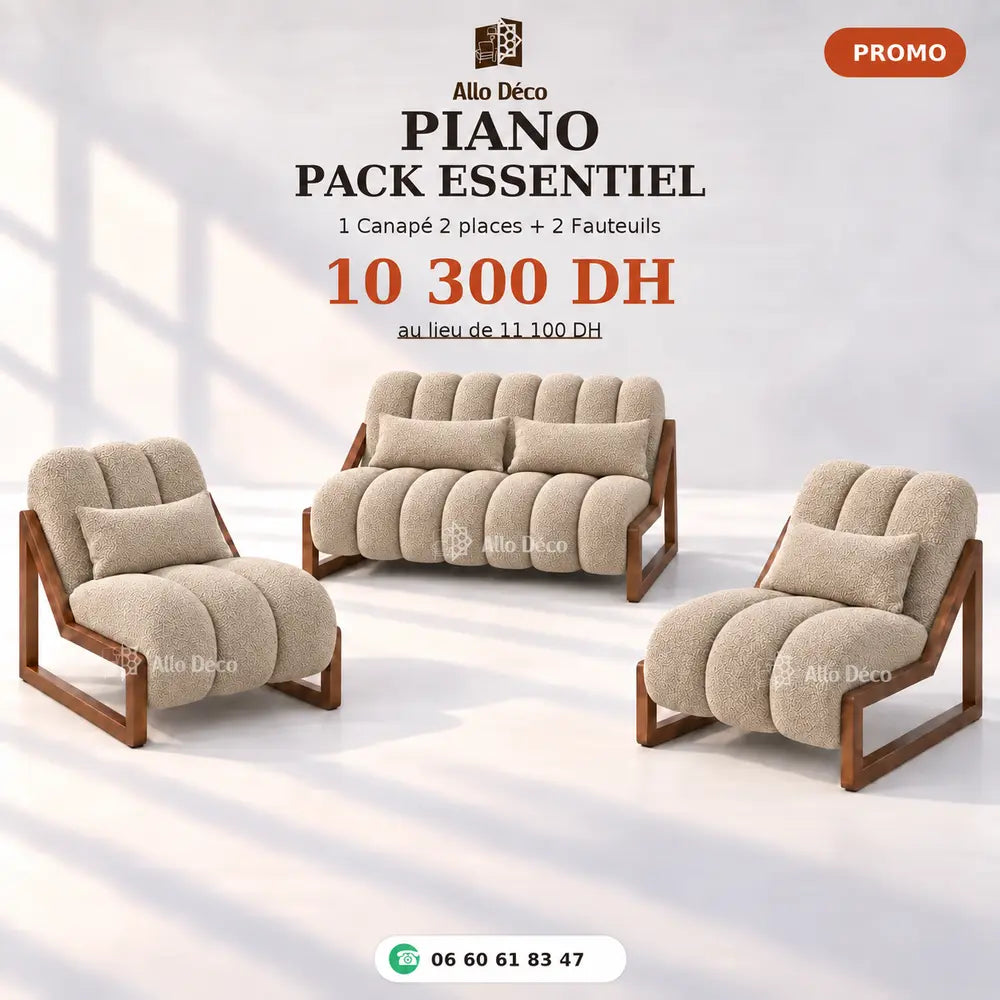 Pack PIANO Essentiel Allodeco – Canapé 2 Places + 2 Fauteuils