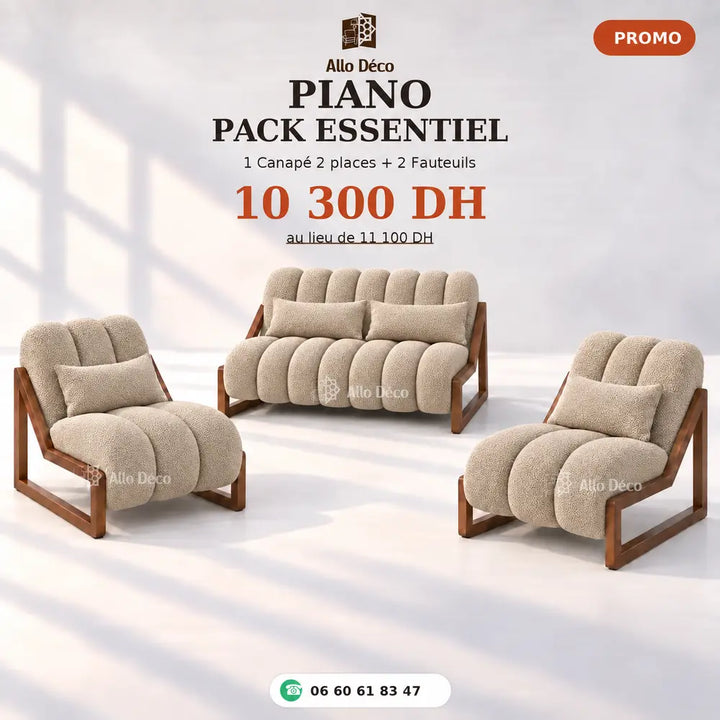 Pack PIANO Essentiel Allodeco – Canapé 2 Places + 2 Fauteuils