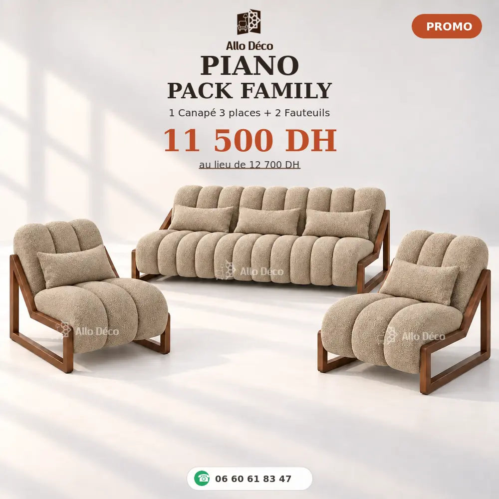 Pack PIANO Family Allodeco – Canapé 3 Places + 2 Fauteuils 1 Place