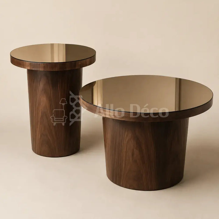 Duo de tables basses VETRANO : bois, verre bronze et lignes contemporaines