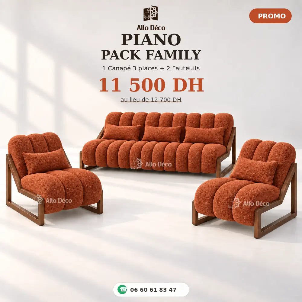 Pack PIANO Family Allodeco – Canapé 3 Places + 2 Fauteuils 1 Place