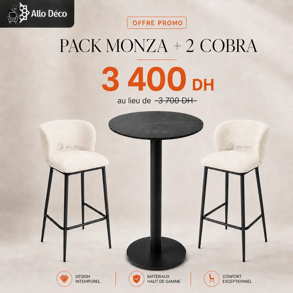 Pack Table Haute MONZA + 2 Tabourets COBRA Allodeco