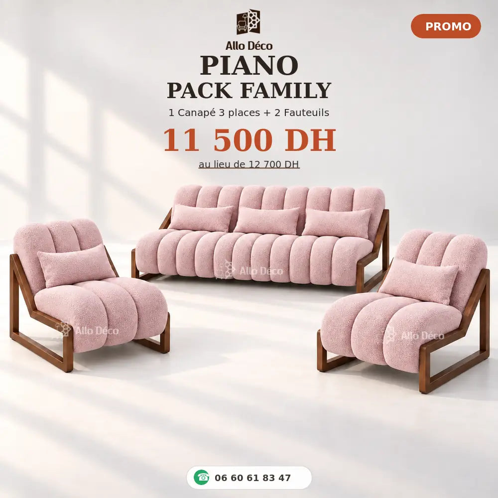 Pack PIANO Family Allodeco – Canapé 3 Places + 2 Fauteuils 1 Place