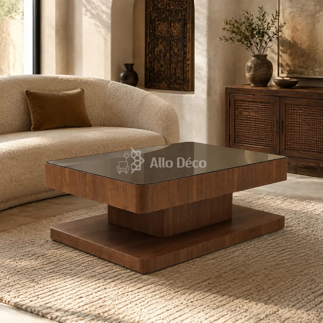 Table Basse VALORA Allodeco – Bois Noyer & Verre Bronze