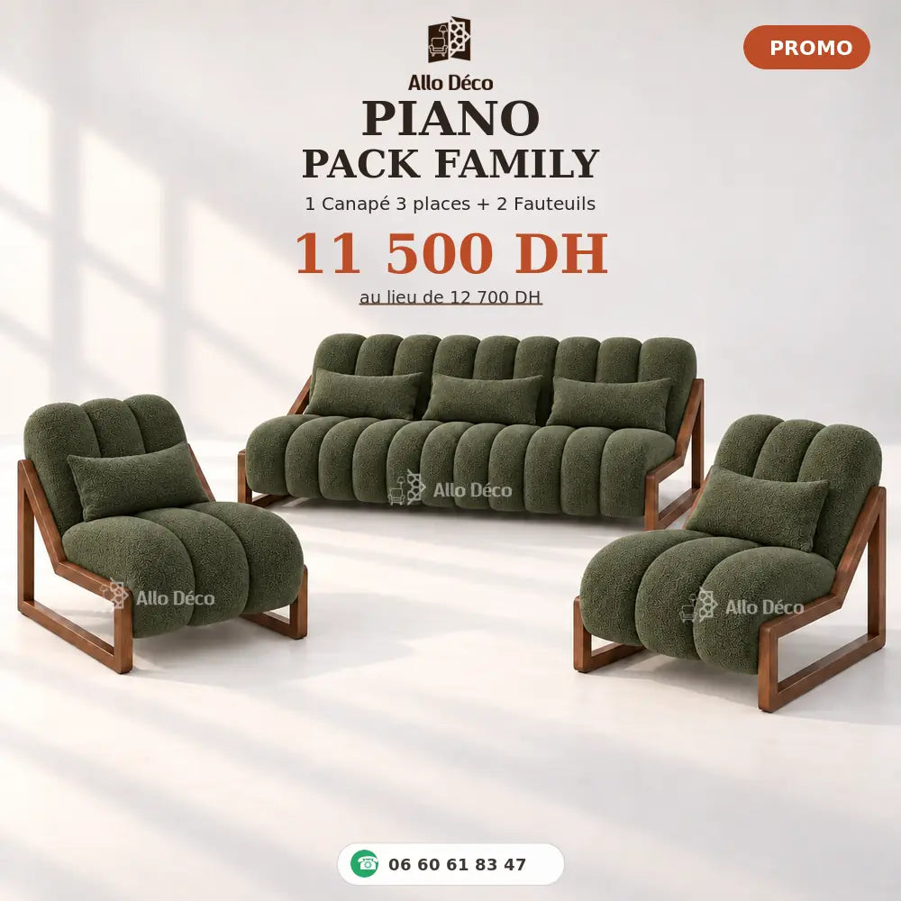 Pack PIANO Family Allodeco – Canapé 3 Places + 2 Fauteuils 1 Place