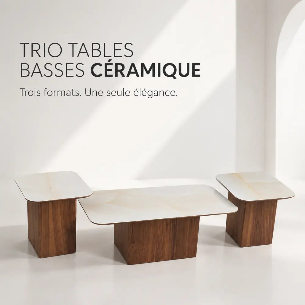 Trio de Tables Basses VARENZA Allodeco – Céramique & Noyer