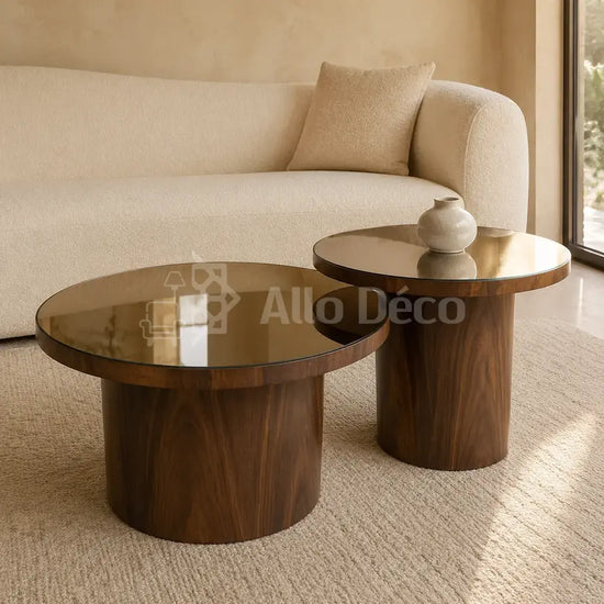 Duo de tables basses VETRANO : bois, verre bronze et lignes contemporaines