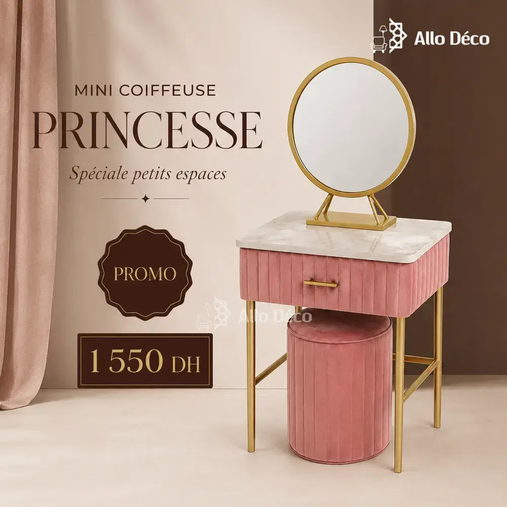 Mini Coiffeuse Princesse Allodeco – Compacte avec Miroir & Pouf