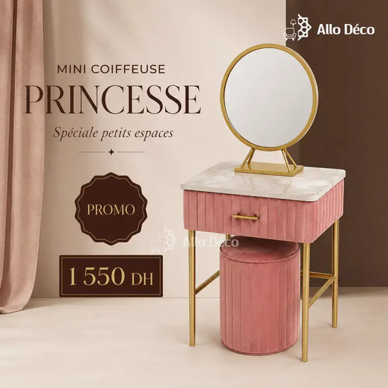 Mini Coiffeuse Princesse Allodeco – Compacte avec Miroir & Pouf