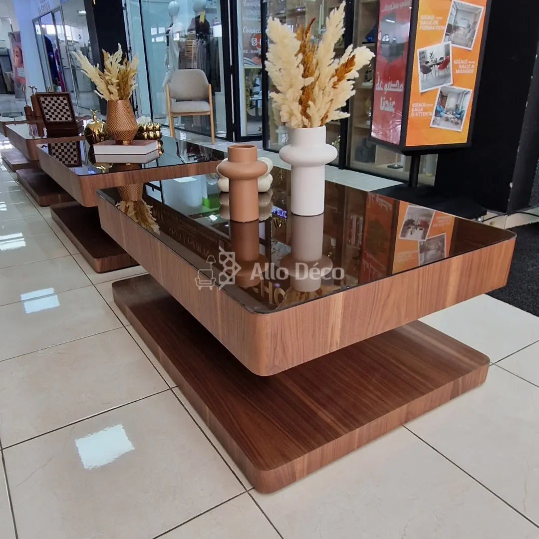 Table Basse VALORA Allodeco – Bois Noyer & Verre Bronze