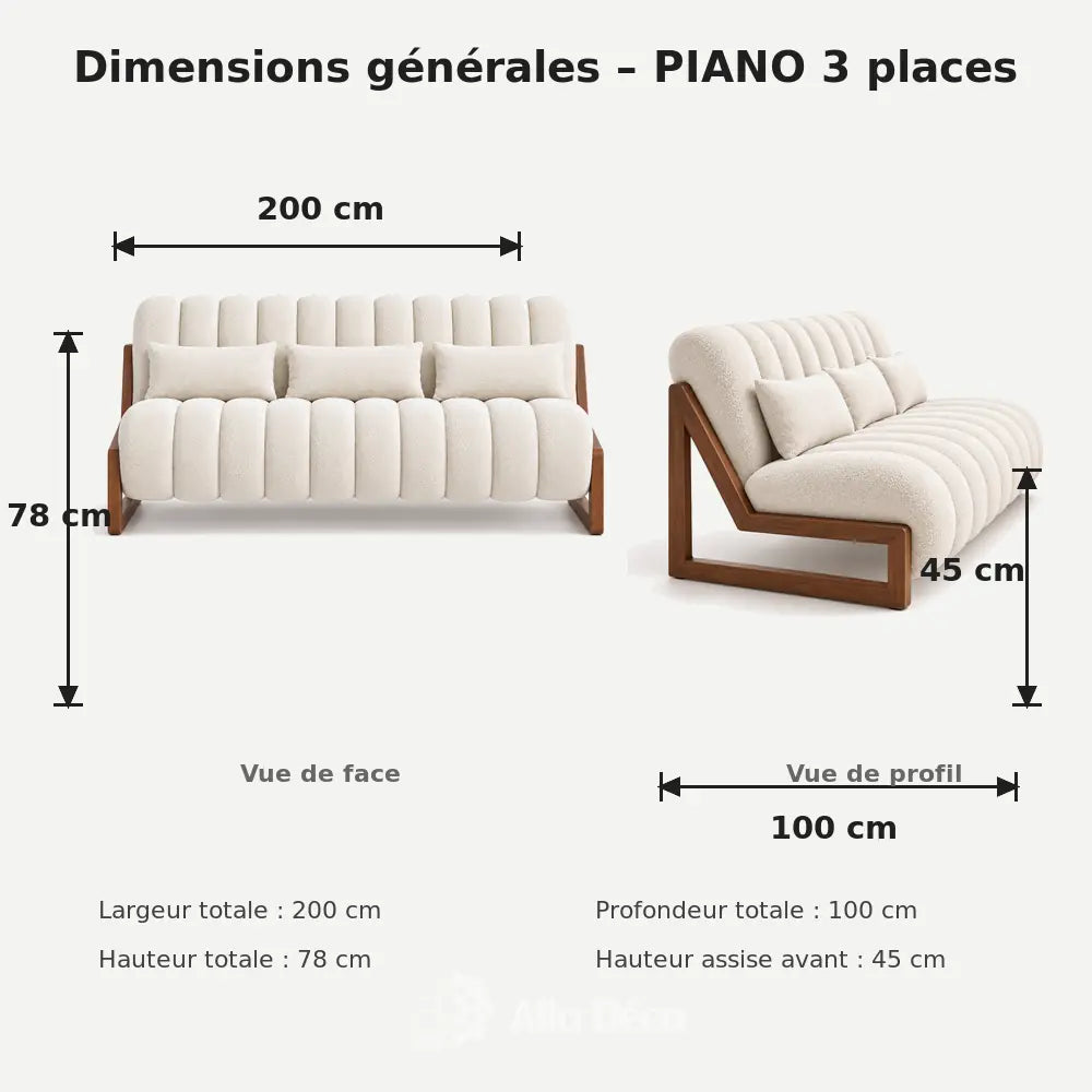 Canapé PIANO 3 Places Allodeco – Bouclette & Bois Massif