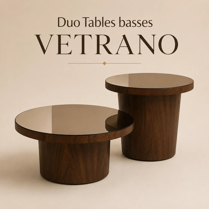 Duo de tables basses VETRANO : bois, verre bronze et lignes contemporaines