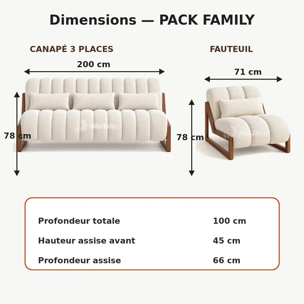 Pack PIANO Family Allodeco – Canapé 3 Places + 2 Fauteuils 1 Place