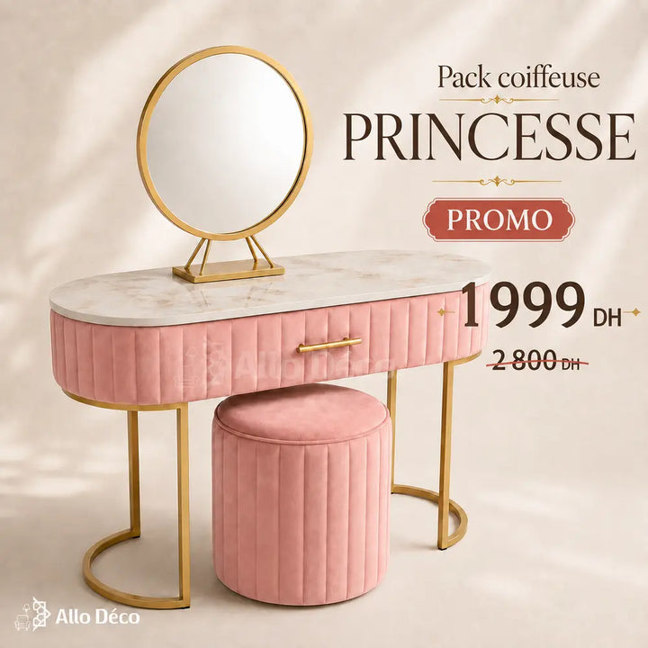 Pack Coiffeuse PRINCESSE Allodeco – Miroir + Tabouret Velours