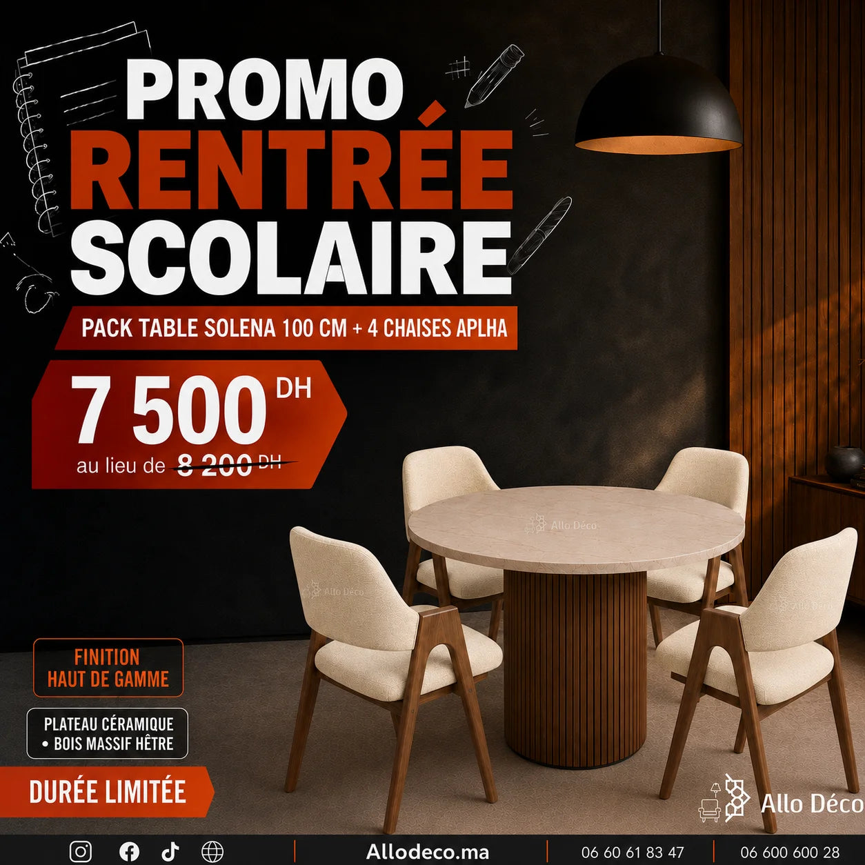 Pack Table SOLENA 100 cm + 4 Chaises ALPHA Allodeco