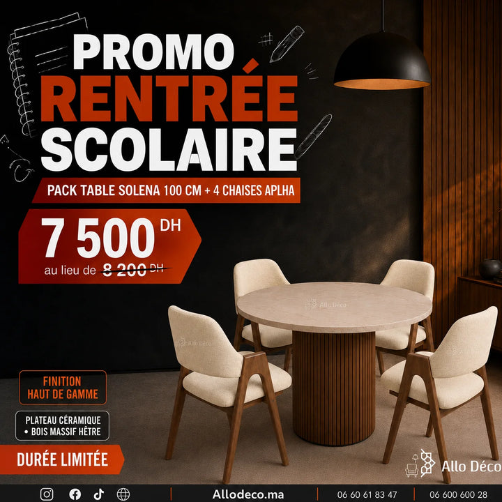Pack Table SOLENA 100 cm + 4 Chaises ALPHA Allodeco