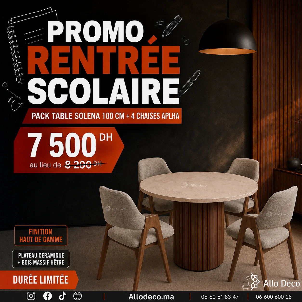 Pack Table SOLENA 100 cm + 4 Chaises ALPHA Allodeco