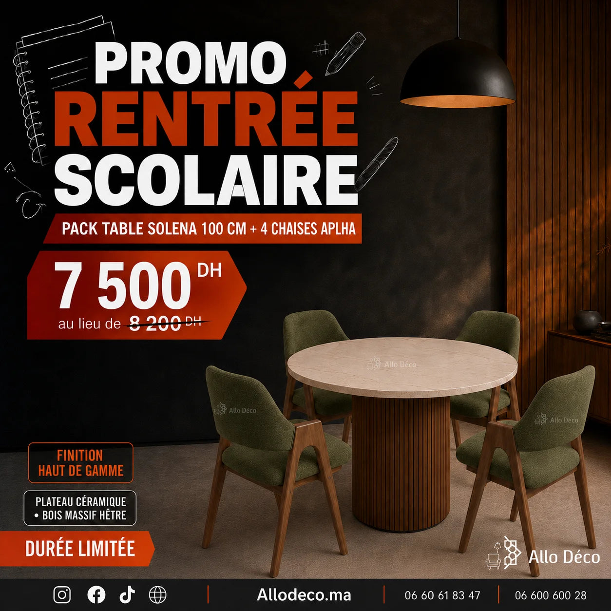Pack Table SOLENA 100 cm + 4 Chaises ALPHA Allodeco